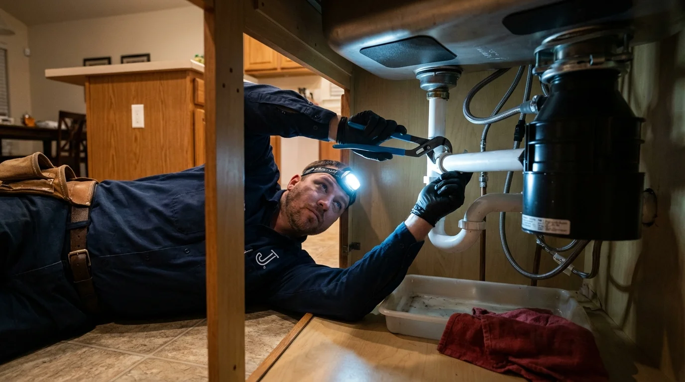 P-trap and supply line connections under a kitchen sink showing a common leak point in Carbondale, CO